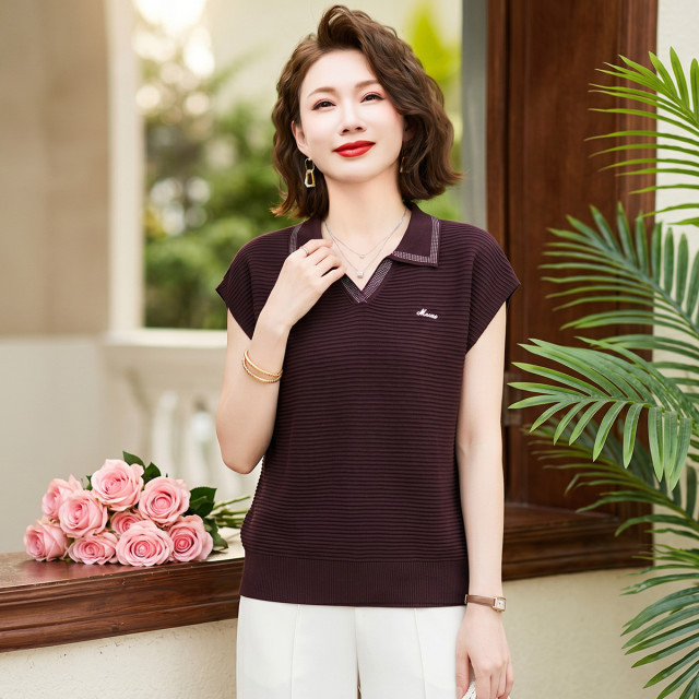 13622266.妈妈装女式毛衣夏季百搭翻领短袖春夏套头中老年女式减龄夏装上衣