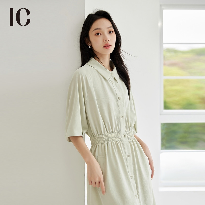 13622009.优雅高级气质收腰短袖衬衫连衣裙女2025夏季新款休闲通勤裙子