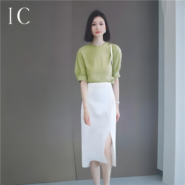 13622005.【单件上衣】纯色圆领甜美温柔优雅减龄慵懒通勤休闲连肩袖小衫