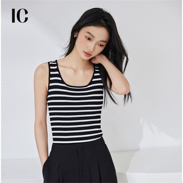 13622010.早春通勤黑白撞色条纹针织衫春夏装女2025年新款女显瘦无袖背心