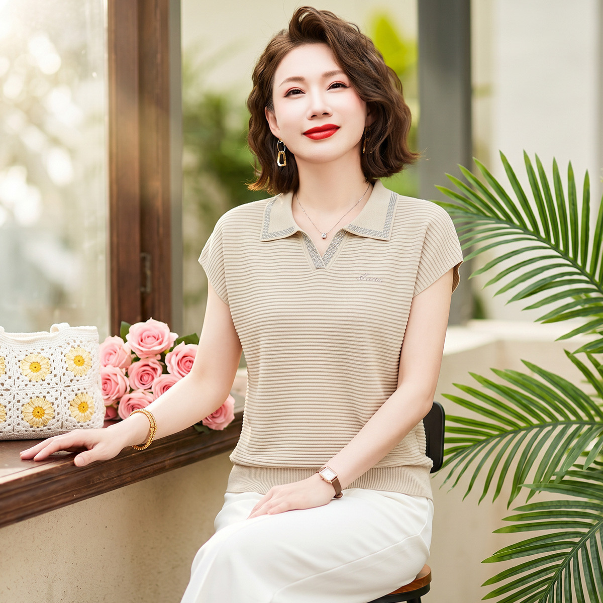 13622266.妈妈装女式毛衣夏季百搭翻领短袖春夏套头中老年女式减龄夏装上衣