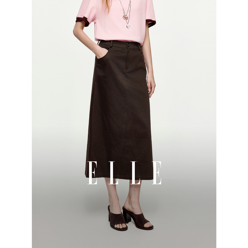 13619786.ELLE纯棉直筒高腰半身裙都市休闲风格纹衬衫式绑带