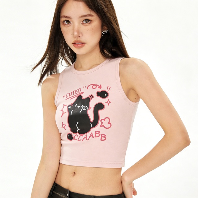 13715519.i.t ccaabb女装简约2025夏季日常百搭小猫印花无袖背心