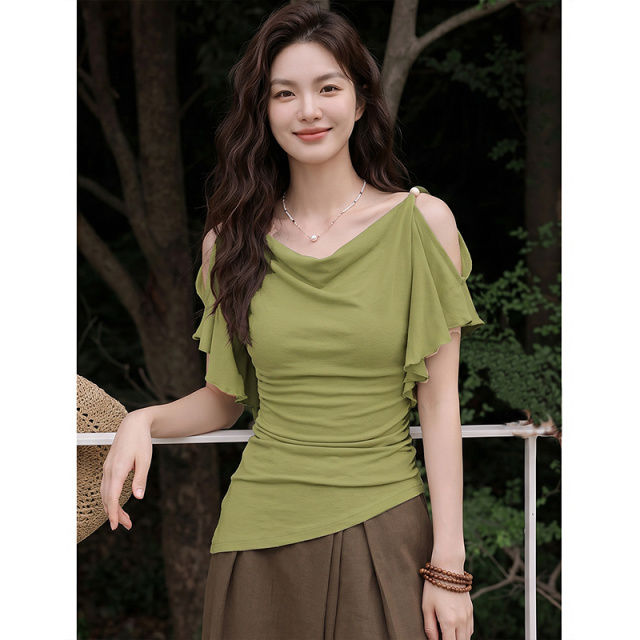 13626039.【含绵羊毛莱赛尔】夏季荡领一字肩珠珠装饰斜边显瘦t恤女小个子