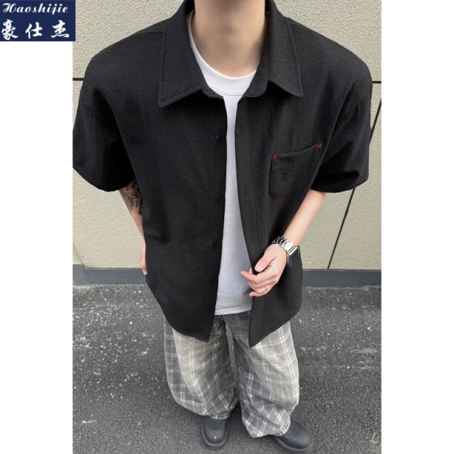13622755.《潮流百搭》夏季新款潮流休闲舒适透气港风仿麻短袖衬衫