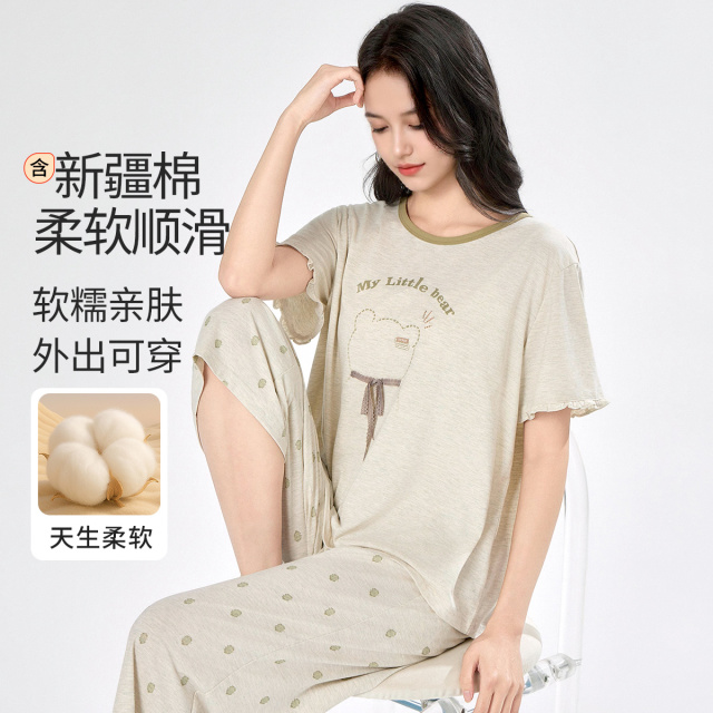 13624538.【可外穿】睡衣女温柔松弛感棉质短袖遮肉家居服夏季薄款透气居家