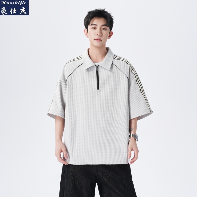 13622751.《简约百搭》夏季新款翻领半拉链polo衫短袖男宽松青少年T恤男