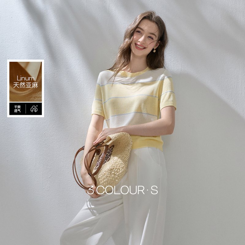 13624498.【莱赛尔亚麻】三彩2026夏季新款圆领条纹短袖针织衫套头衫上衣S