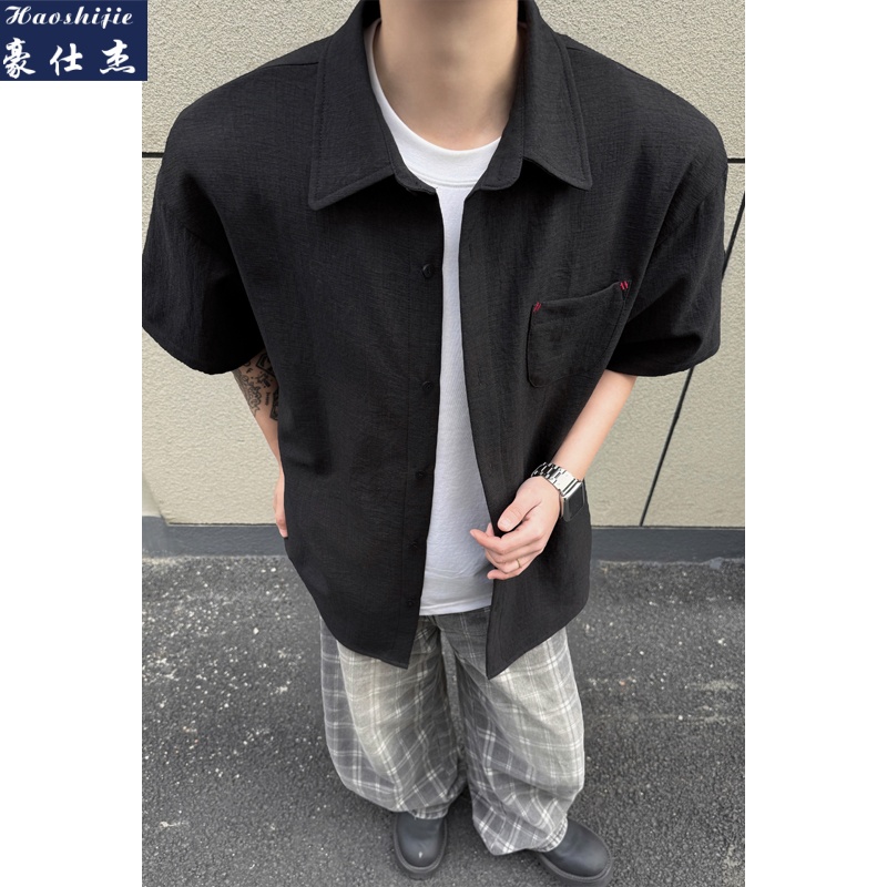 13622755.《潮流百搭》夏季新款潮流休闲舒适透气港风仿麻短袖衬衫
