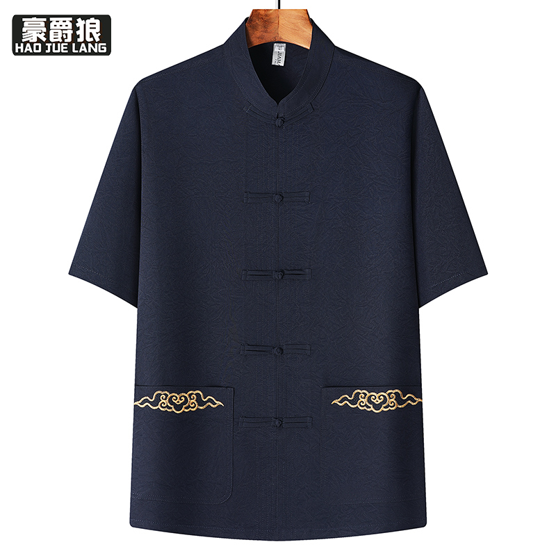 13627019.中老年夏季上衣唐装男士冰丝短袖中国风爸爸爷爷汉服生日宴会礼服