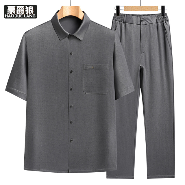 13627081.夏季中老年人唐装短袖套装男士汉服中式爷爷衬衫上衣中国风两件套