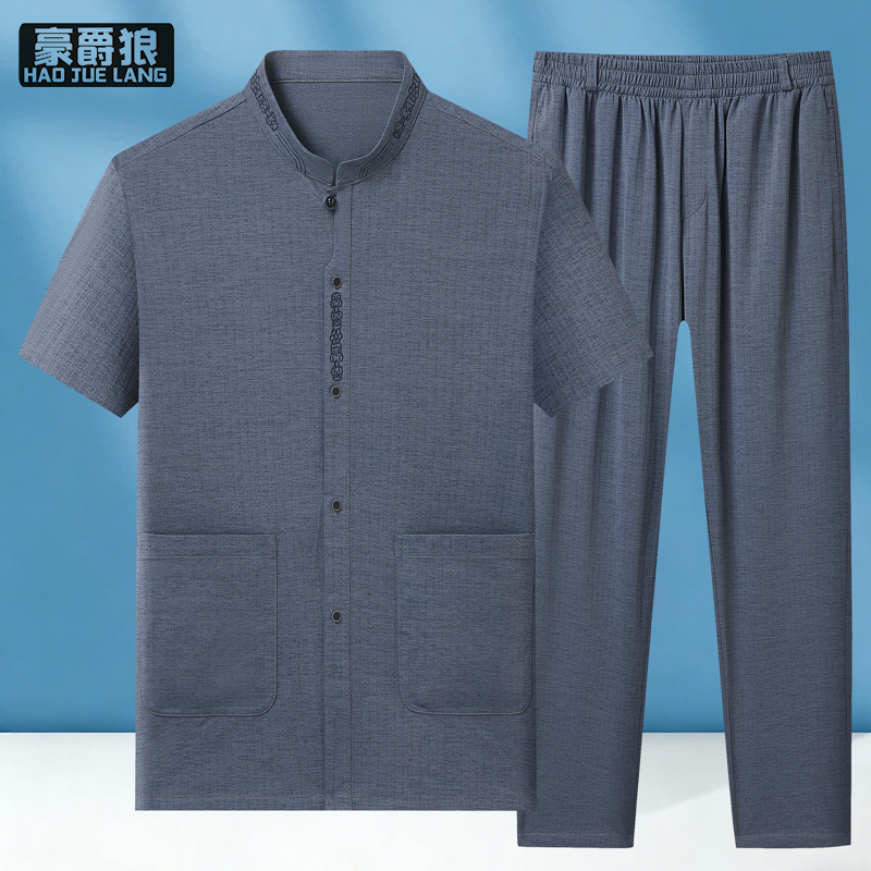 13627025.男士唐装夏季中国风短袖衬衫搭配长裤套装复古民族风新中式两件套