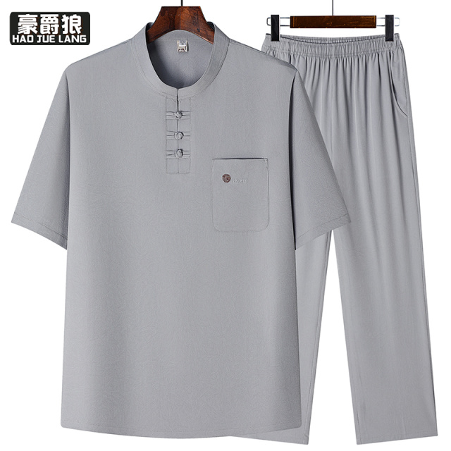 13626949.爸爸夏装冰丝套装中国风唐装男中老年人夏季短袖T恤休闲爷爷衣服