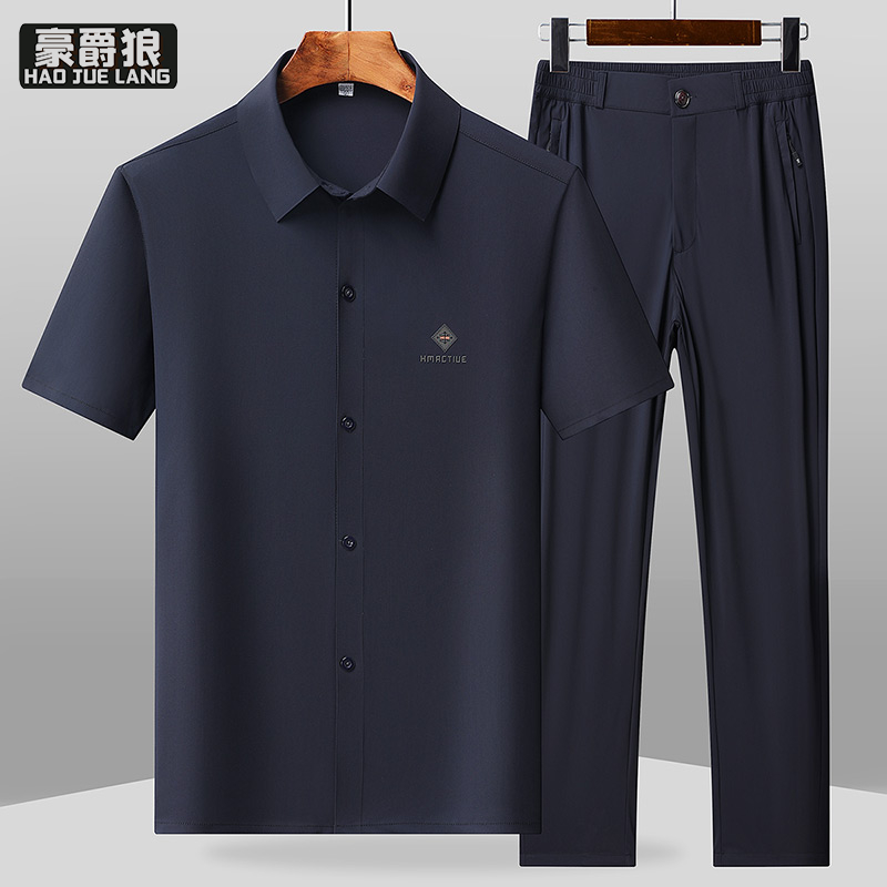 13627085.中年爸爸装商务休闲冰丝套装男夏季薄款短袖衬衫长裤两件套