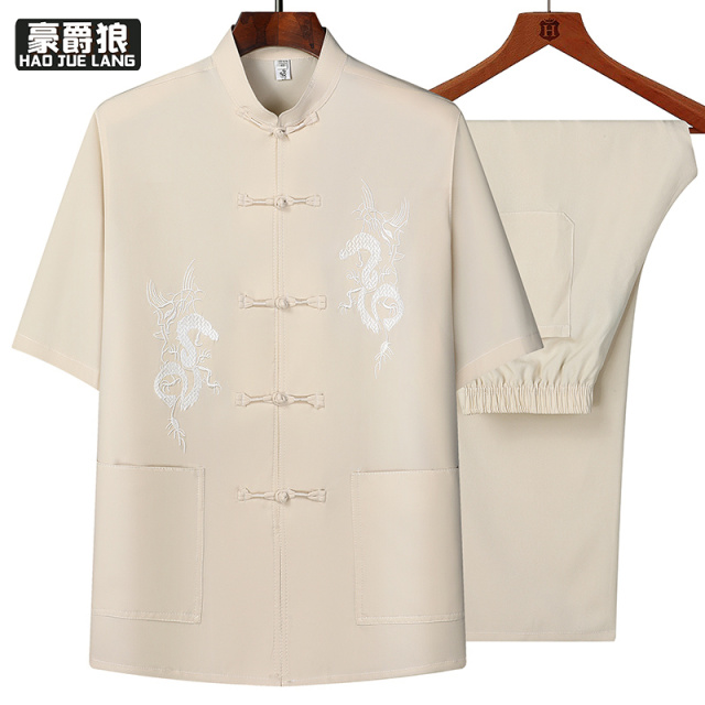 13626969.中式套装夏季薄款中国风冰丝两件套立领衣服中老年人爸爸男装