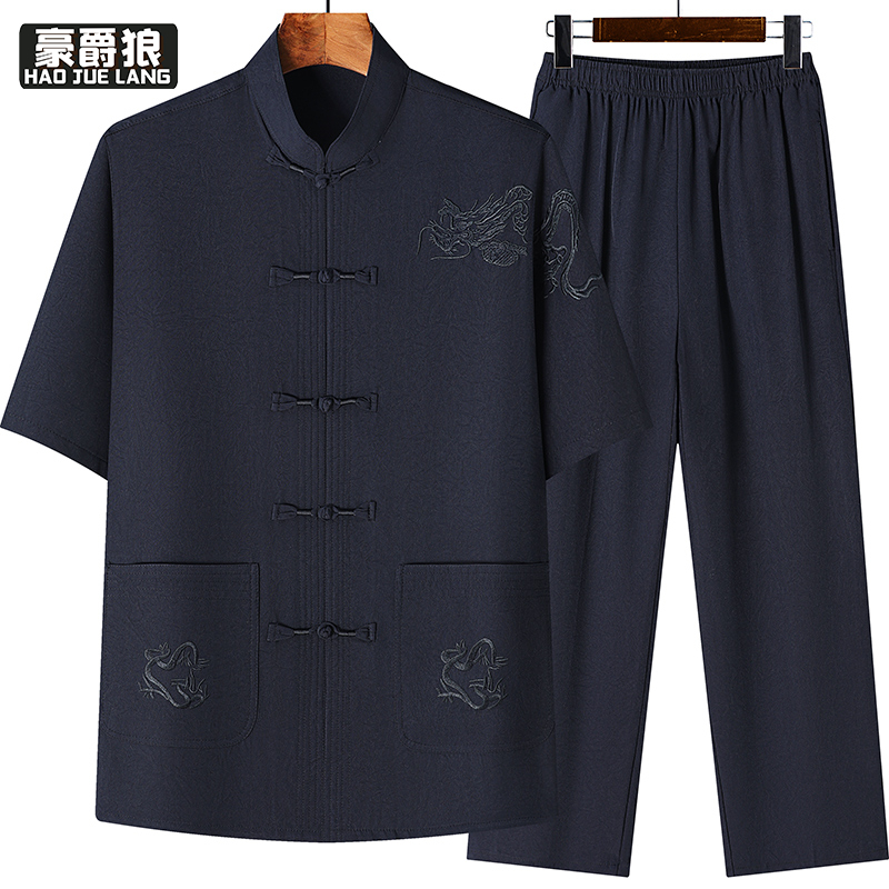 13627011.夏季唐装男款短袖套装中国风刺绣薄款汉服老年人衣服爷爷冰丝夏装