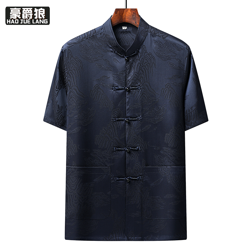13627068.夏季唐装男士衬衫新款休闲短袖中老年人汉服冰丝衣服爸爸爷爷上衣