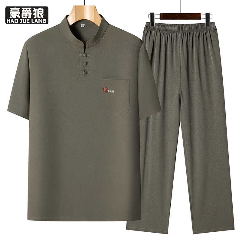 13627036.冰丝唐装男中老年夏季薄款爸爸套装中国风爷爷短袖衬衫夏装两件套