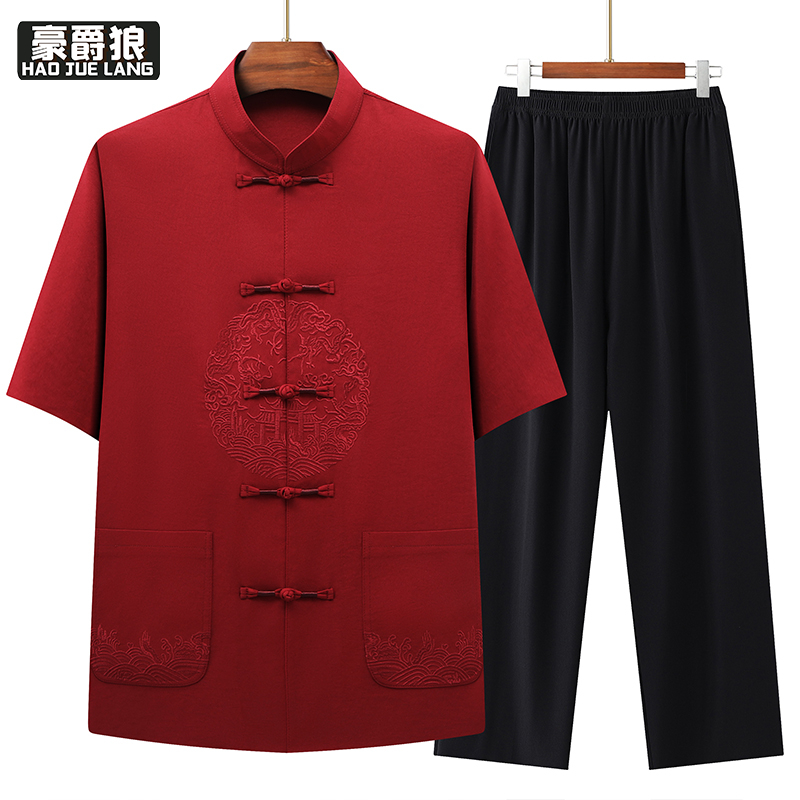 13626951.中老年人夏季休闲套装爷爷夏装薄款透气衣服中国风短袖唐装爸爸装
