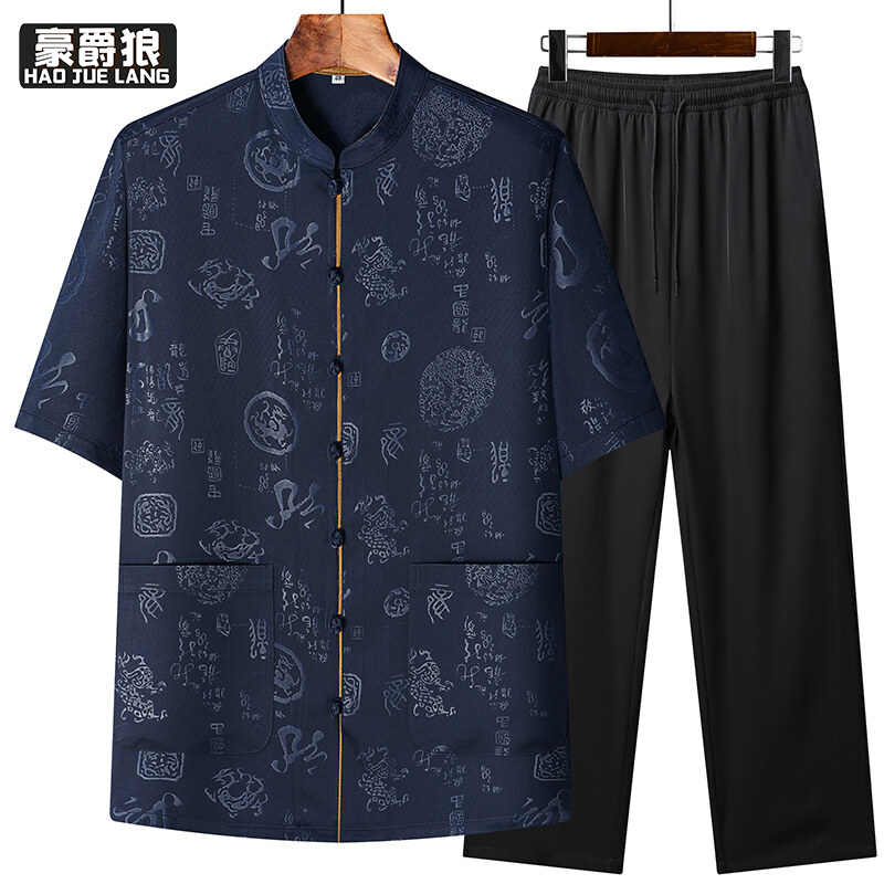 13627032.中国风唐装男中老年爸爸短袖汉服夏季爸爸装休闲绣花中国风上衣