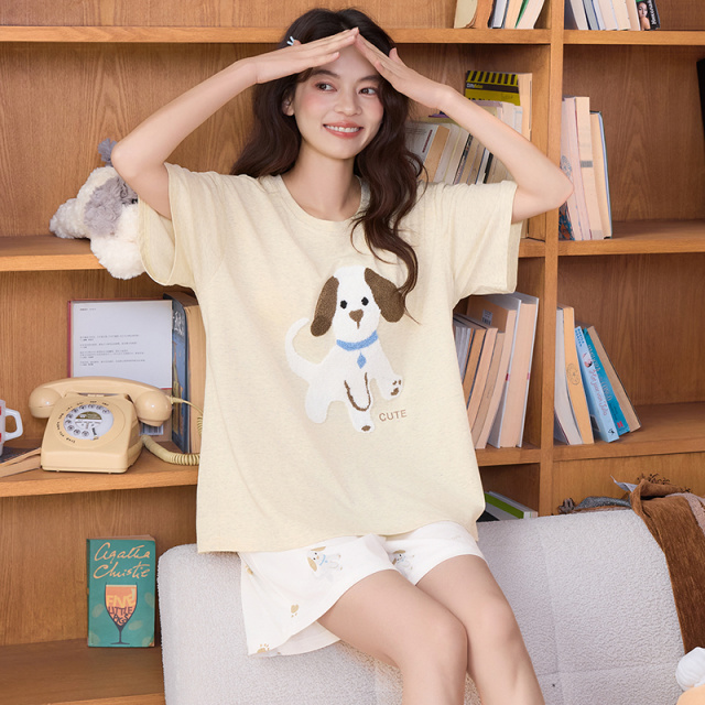 13628933.派邦奴带胸垫简约宽松夏季短袖套装可外穿女家居服qh