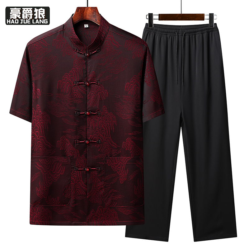 13627066.夏季唐装男士衬衫新款休闲短袖中老年人汉服冰丝衣服爸爸爷爷套装