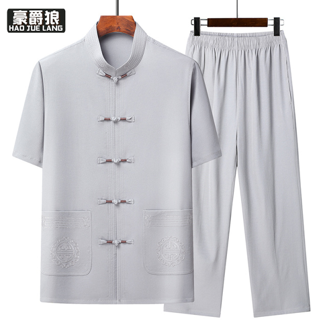 13626937.唐装男中老年夏季短袖套装爸爸装中国风半袖汉服老人衣服爷爷套装