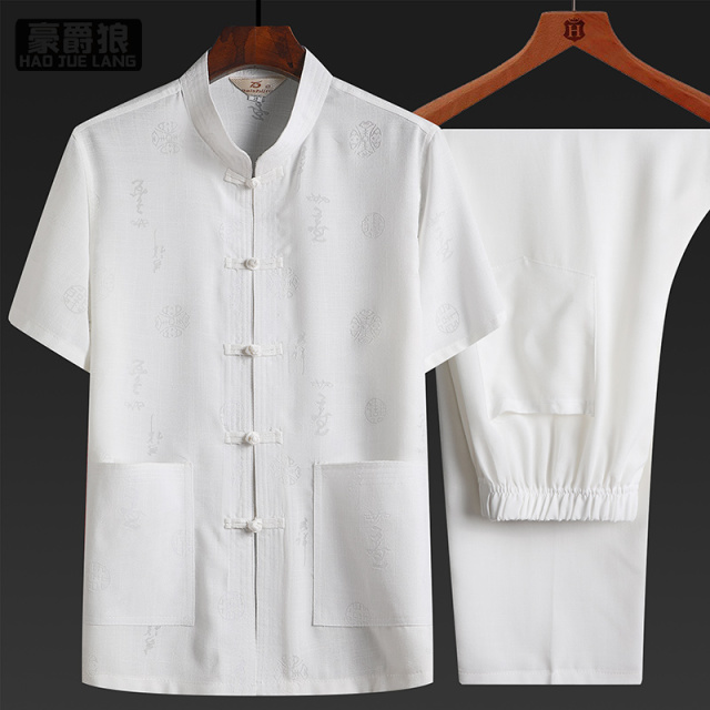 13626918.唐装男士中老年人爸爸装夏季休闲爷爷棉麻汉服中国风短袖两件套装