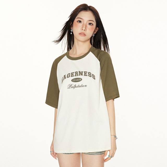 13715486.it ccaabb 夏季圆领简约拼色舒适宽松休闲纯棉短袖T恤女上衣