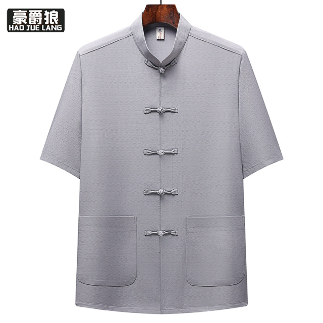 13627065.复古唐装男盘扣衬衫中国风男装夏季薄款竹节棉短袖中式刺绣上衣