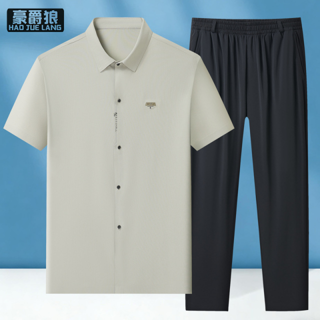 13627055.夏季新款中老年男士冰丝唐装爸爸短袖套装翻领衬衫爷爷老人开衫薄