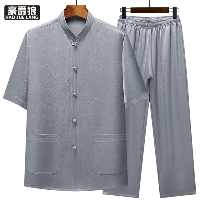 13626914.唐装男中国风中老年仿醋酸冰丝短袖夏季薄款爸爸装爷爷中式套装