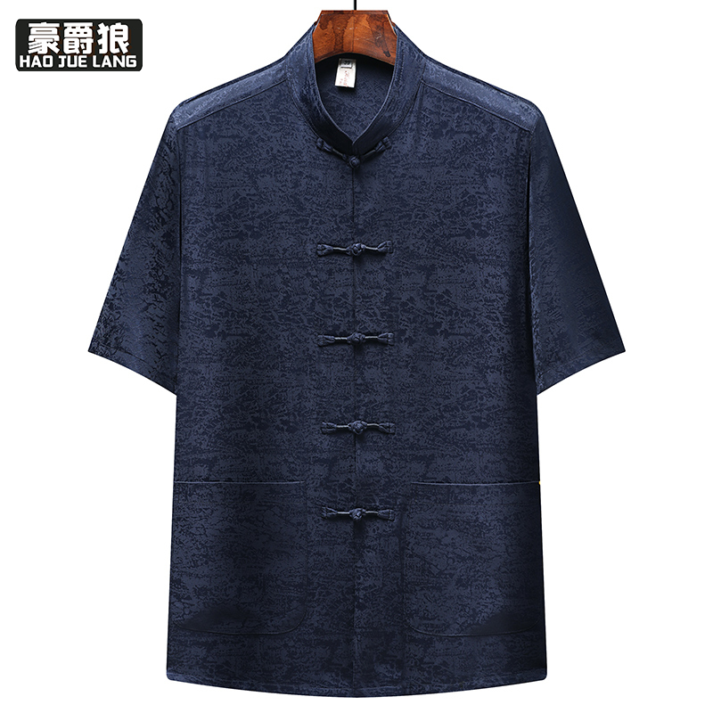 13627002.夏季男士唐装爸爸短袖衬衣上衣中国风中老年人冰丝父亲装爷爷夏装