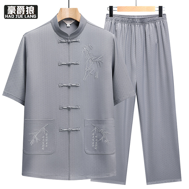 13627047.新款新中式唐装男士短袖套装夏季中老年爸爸装刺绣龙纹中国风汉服
