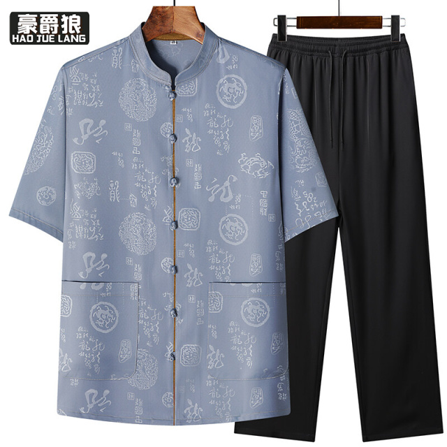 13627032.中国风唐装男中老年爸爸短袖汉服夏季爸爸装休闲绣花中国风上衣