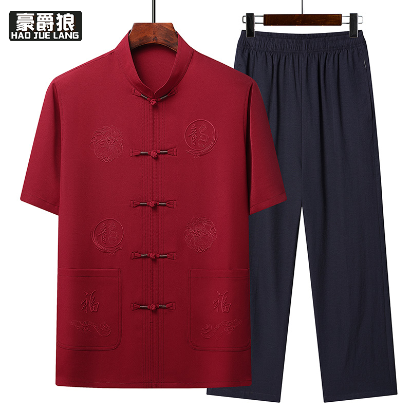 13626966.夏季男士短袖冰丝衬衫套装中老年男装复古唐装老年人爷爷衬衣夏装