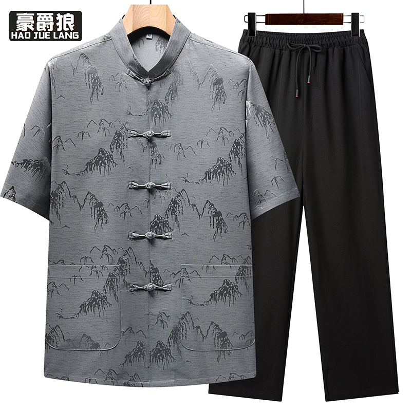 13627042.唐装男中老年人爸爸夏季两件套装中式国风婚宴爷爷短袖衣服60岁70