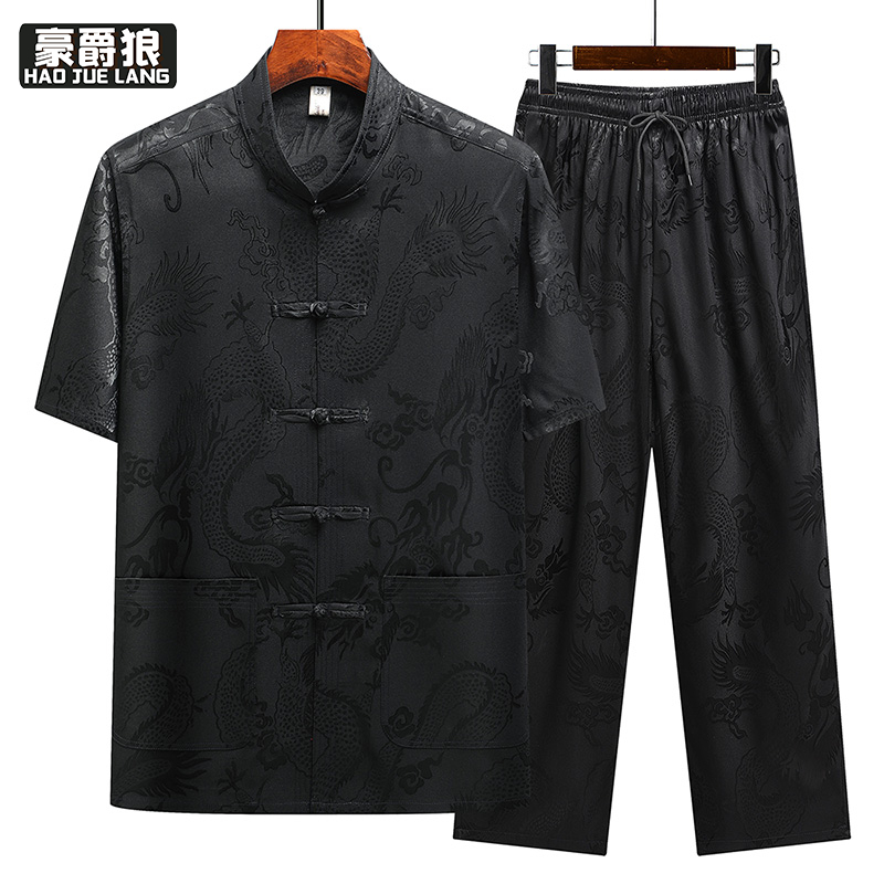 13626926.冰丝短袖套装男唐装夏季中老年爸爸装薄款爸爸夏装中国风爷爷衣服