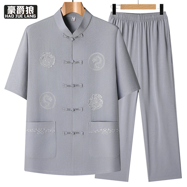 13626932.爸爸夏季套装中年男士短袖衬衫中国风唐装爷爷衣服两件套中老年人