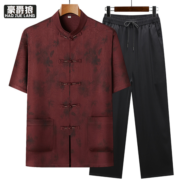 13627044.唐装男短袖爸爸夏装套装中式中老年人爷爷夏季中国风薄款复古衣服