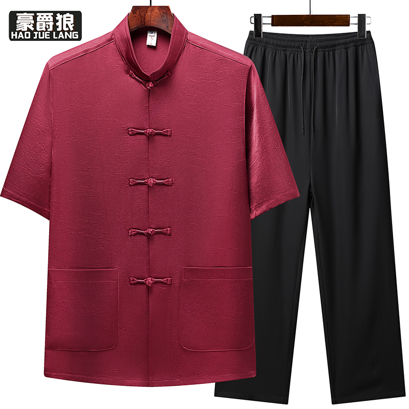 13626927.夏季薄款中老年冰丝绸短袖唐装男士爸爸中国风休闲衬衫套装