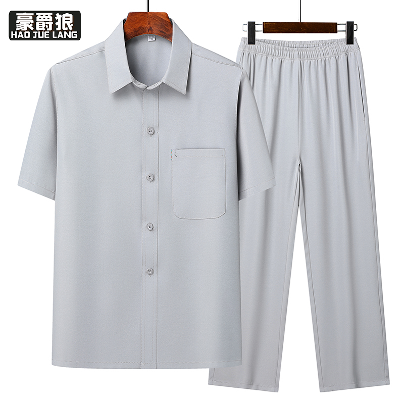 13627027.爸爸夏装两件套中老年人男士短袖衬衫60岁爷爷装衬衫薄款休闲套装