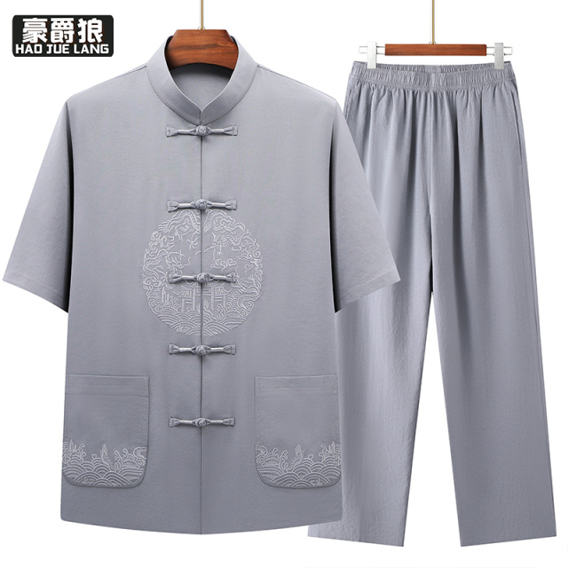 13626951.中老年人夏季休闲套装爷爷夏装薄款透气衣服中国风短袖唐装爸爸装