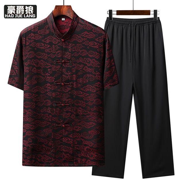 13627051.唐装男中老年人爸爸装夏季短袖套装中国风薄款中式盘扣冰丝爷爷