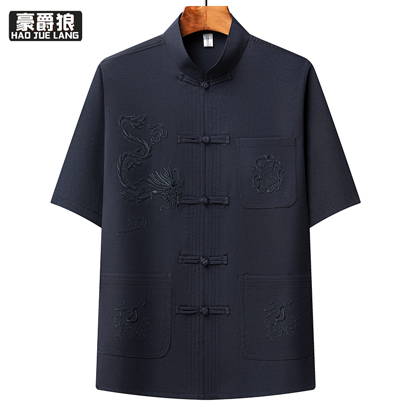 13627022.中老年唐装男士夏季款上衣短袖男套装爸爸夏装老年人爷爷宽松衣服