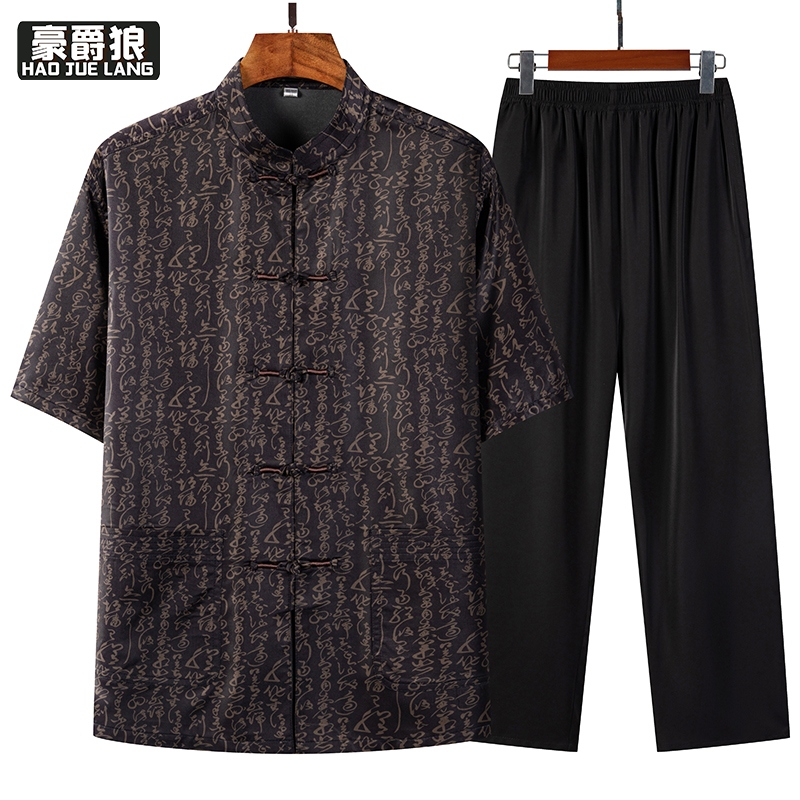 13627010.夏季唐装男爸爸冰丝短袖套装中国风中老年父亲夏装老人爷爷装衣服