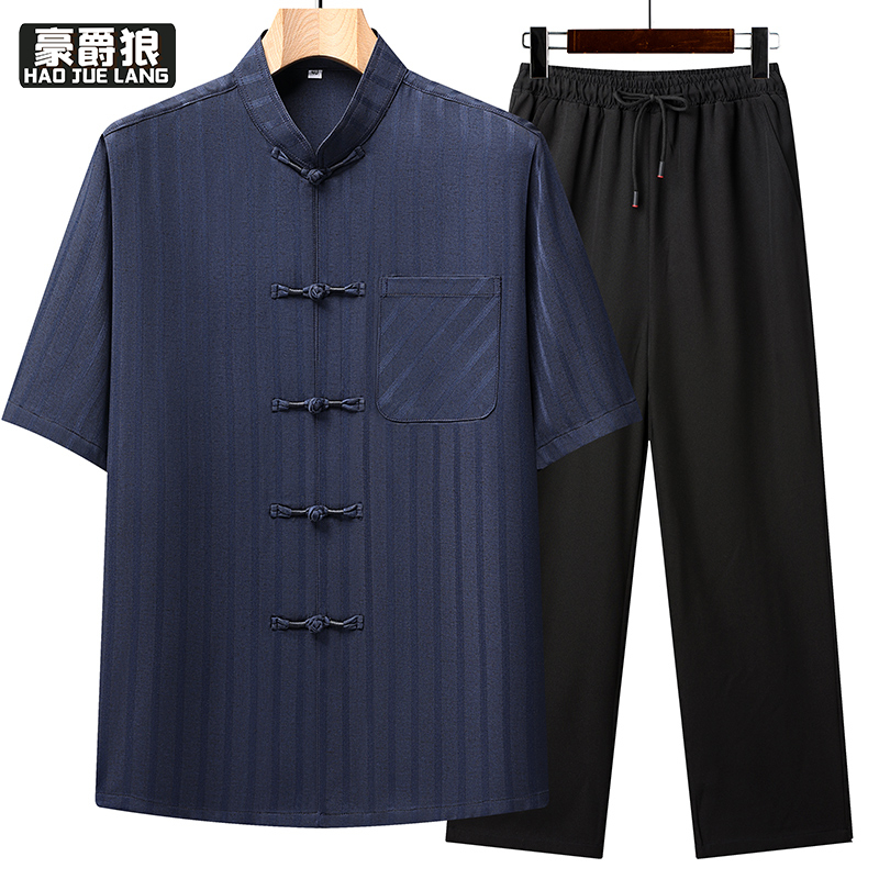 13627034.新中式唐装男短袖套装中老年爸爸夏季条纹盘扣休闲装爷爷中国风