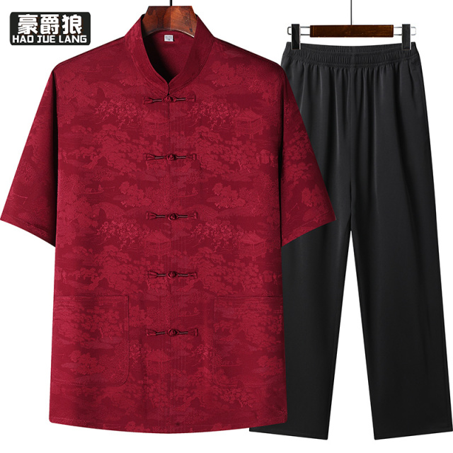 13626956.夏装中老年男士唐装冰丝中式套装国风爷爷生日老人短袖爸爸装衬衣