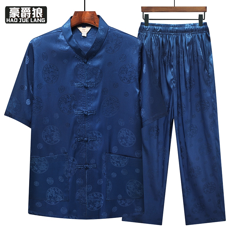 13626929.唐装男短袖套装中老年人爸爸冰丝夏装薄款中国风爷爷70岁老人衣服