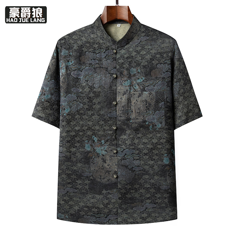 13627060.唐装短袖爸爸男士衬衫盘扣上衣夏季新款冰丝中老年人汉服男中国风
